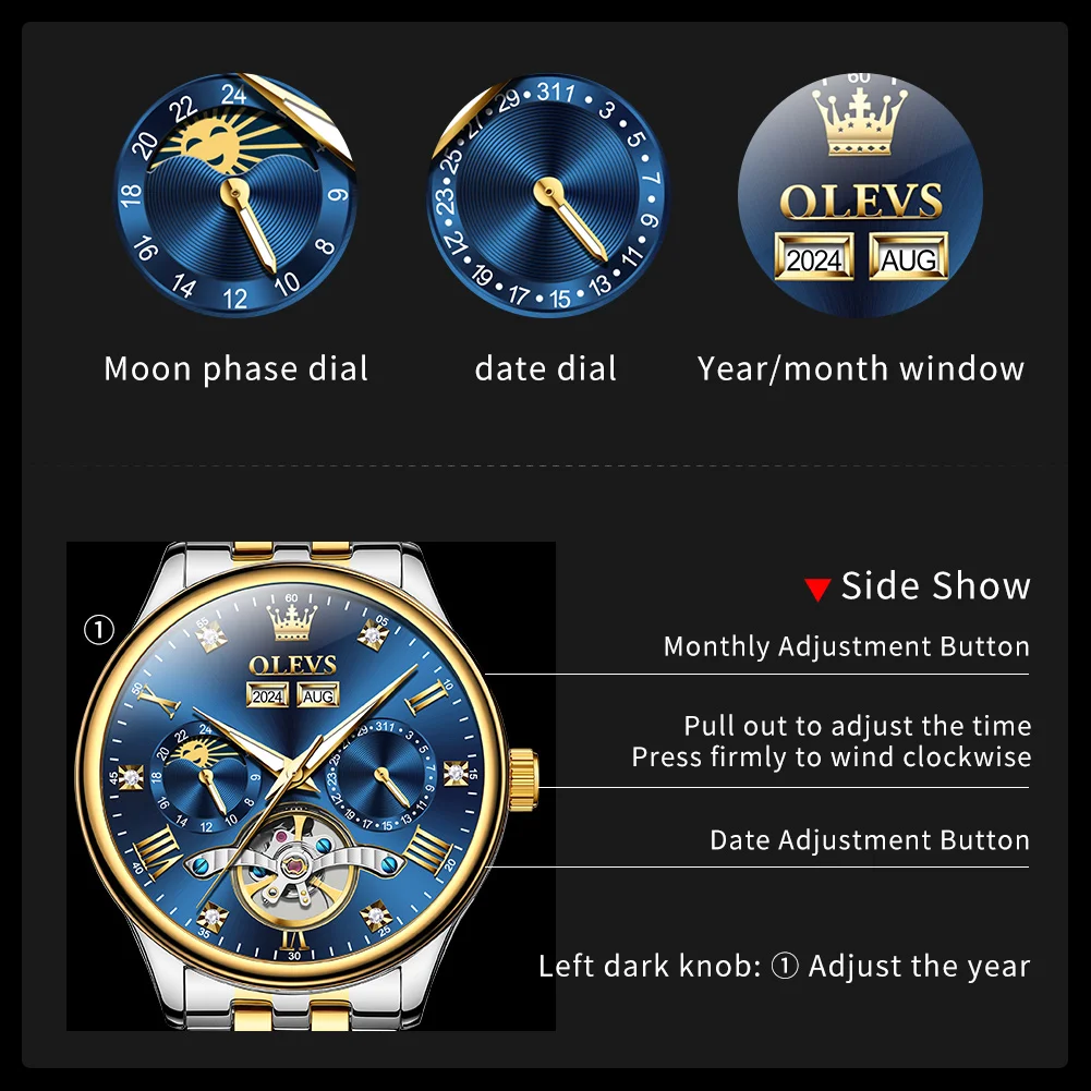 OLEVS 7023 Man Watch Moonswatch Mechanical Watch For Men Hollow Skeleton Luxury Auto Date Men's Wristwatch Waterproof Luminous