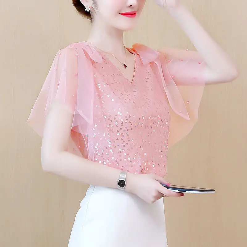 Sweet Sequined Lace Up Bow Beading Flying Sleeve Blouses Women Clothing 2024 Summer New Loose Korean Tops Office Lady Shirts