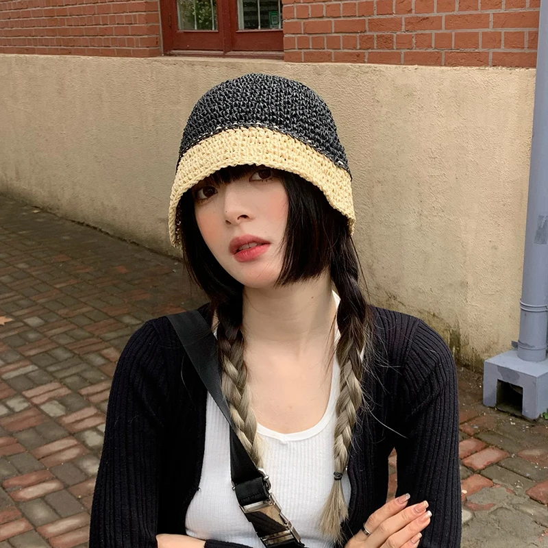 

Straw Handmade Fisherman Hat Female Small Fresh Everything with Artistic Niche Personality Bucket Hat Summer Sun Basin Hats