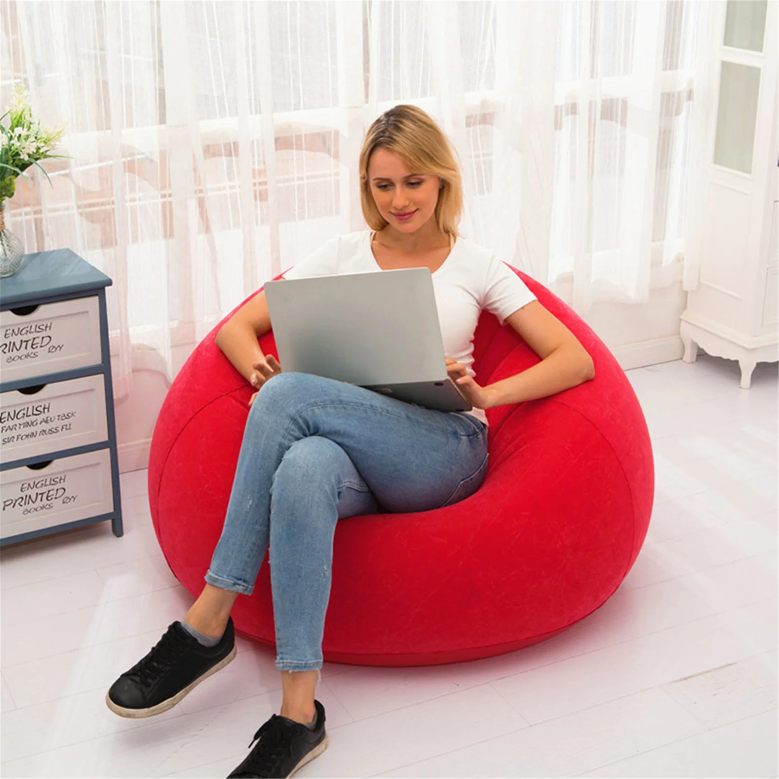 Soft Comfy Flocking Air Chair Blow Up Bean Bag Couch for Adults Kids bulrusely Beanless Bag Chair 