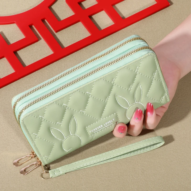 Elegant Faux Leather Women's Wallet: Solid Color Clutch with Double Zippers and Wristband