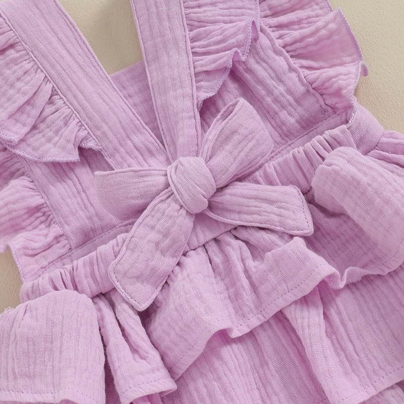 Pudcoco Baby Mädchen Baumwolle Leinen Stram pler Kleid einfarbig quadratischen Hals Fliegen ärmel Rock Saum Säugling Sommerkleid ung Stirnband 0-18m – Detail 10