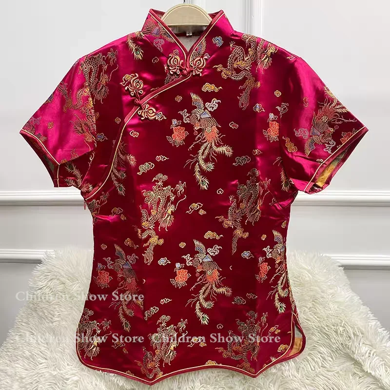 Brocade Dragon Phoenix Costume Chinese Style Qipao Top Lady Elegant Tang Clothes Silk Women's Slime Costumes Vintage Blouse