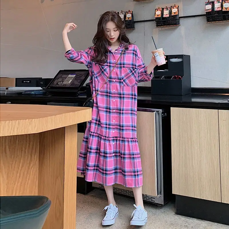 

Fashion Lapel Button Loose Printing Plaid Casual Dresses Female Clothing 2024 Spring Summer New Oversized All-match Midi Dress