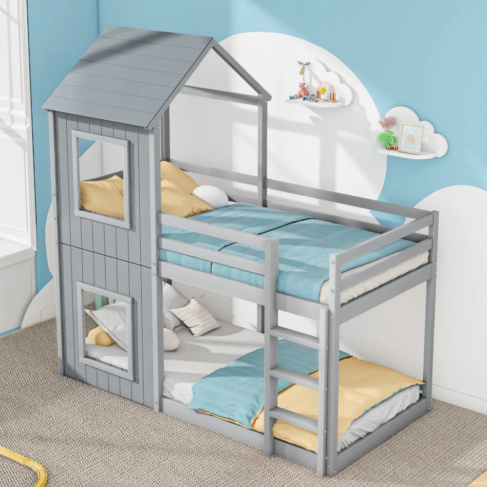 90*200cm Massivholz-Etagenbett mit Leiter & Baldachin Bodenfreundliches Kinder-Hausbett Robuste Schlafzimmermöbel Fotografie-Requisiten – Detail 13