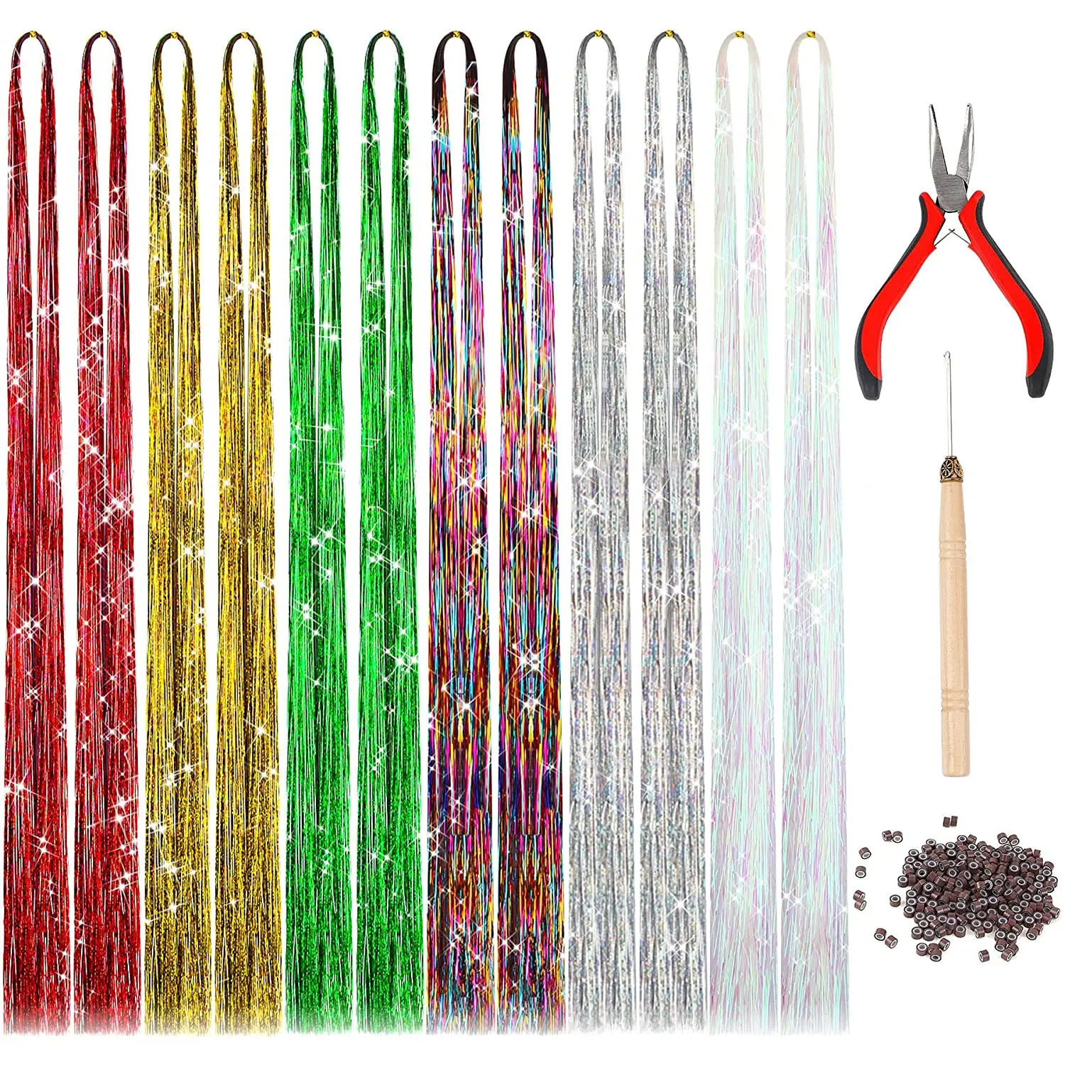 1800pcs Sparkle Hair Tinsel Kit With Tools Kid Fairy Shiny Hair Strands