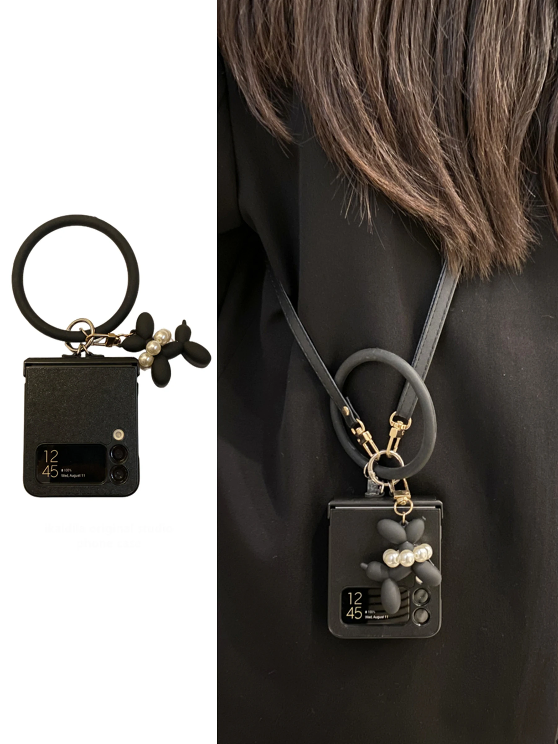 

Luxury Korean Crossbody Lanyard Leather Pearl Puppy Pendant Case for Samsung Z Flip5 5G Z Flip3 Zflip5 Zflip4 Z Flip 4 Cover