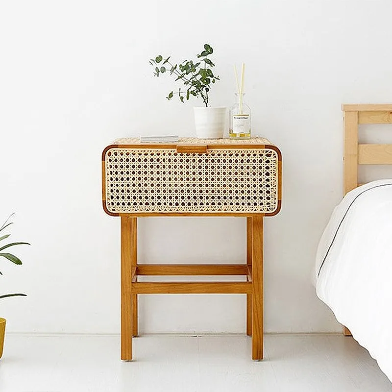 Solid wood rattan woven bedside table small cabinet for homestay retro style bedroom storage cabinet