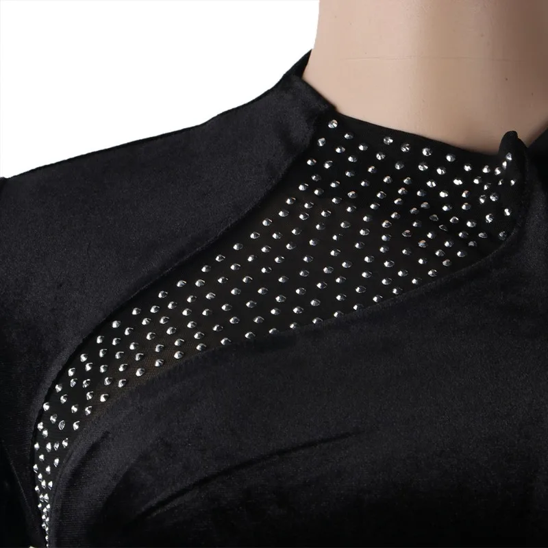 Women's Sexy Velvet Patchwork Diamond Round Neck Slim Jumpsuit Temperament Commuting Women Fashion Skinny Jumpsuits Night Out