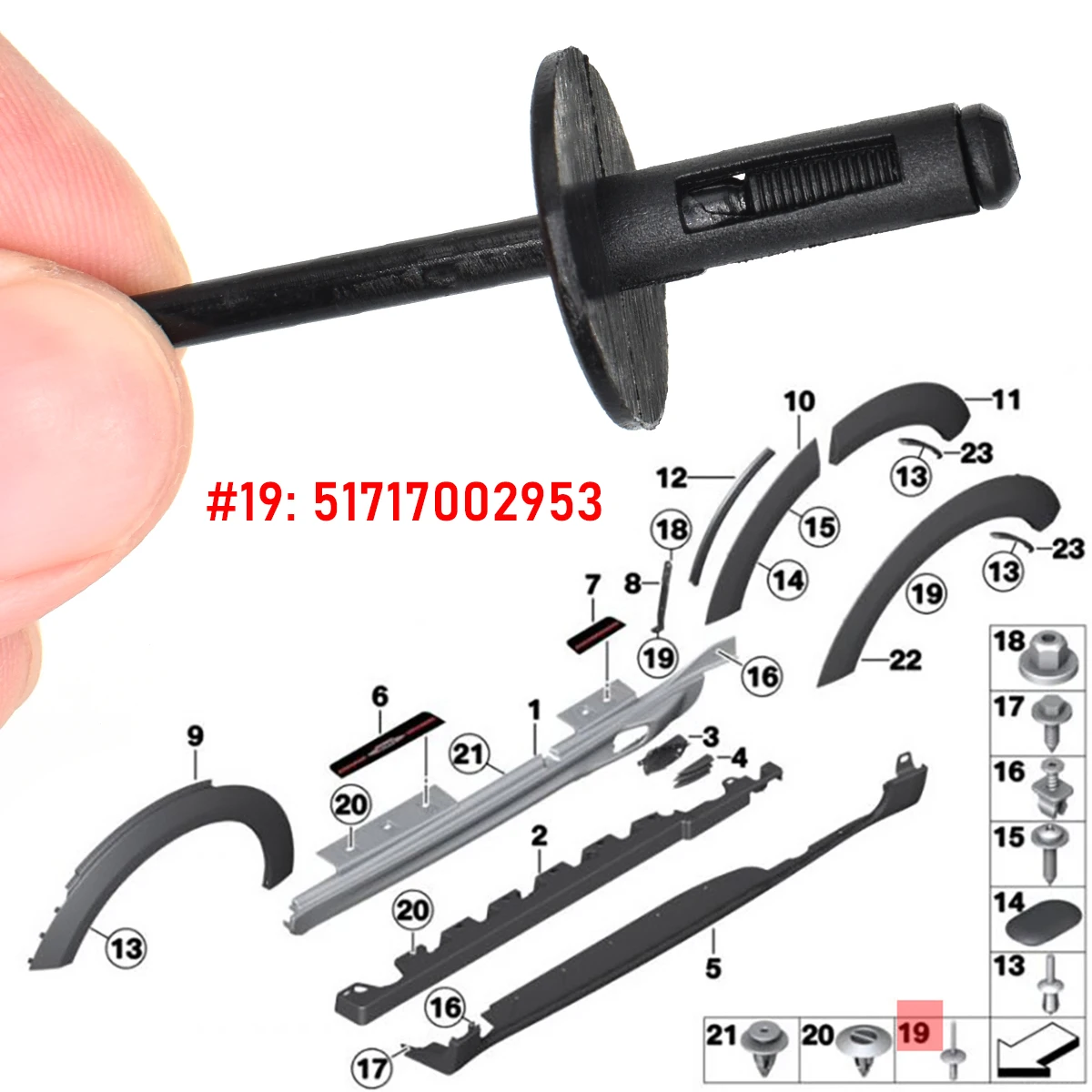 Anléeio 50 x spreidklinknagels voor BMW X1, X3, X5, X6, Z4 Coupe, E90, E91, E84, E83, E53, E70, F15, F85, E71, E72, E86, E85, R60 wielloop klinknagels, nylon mw 517 17002953