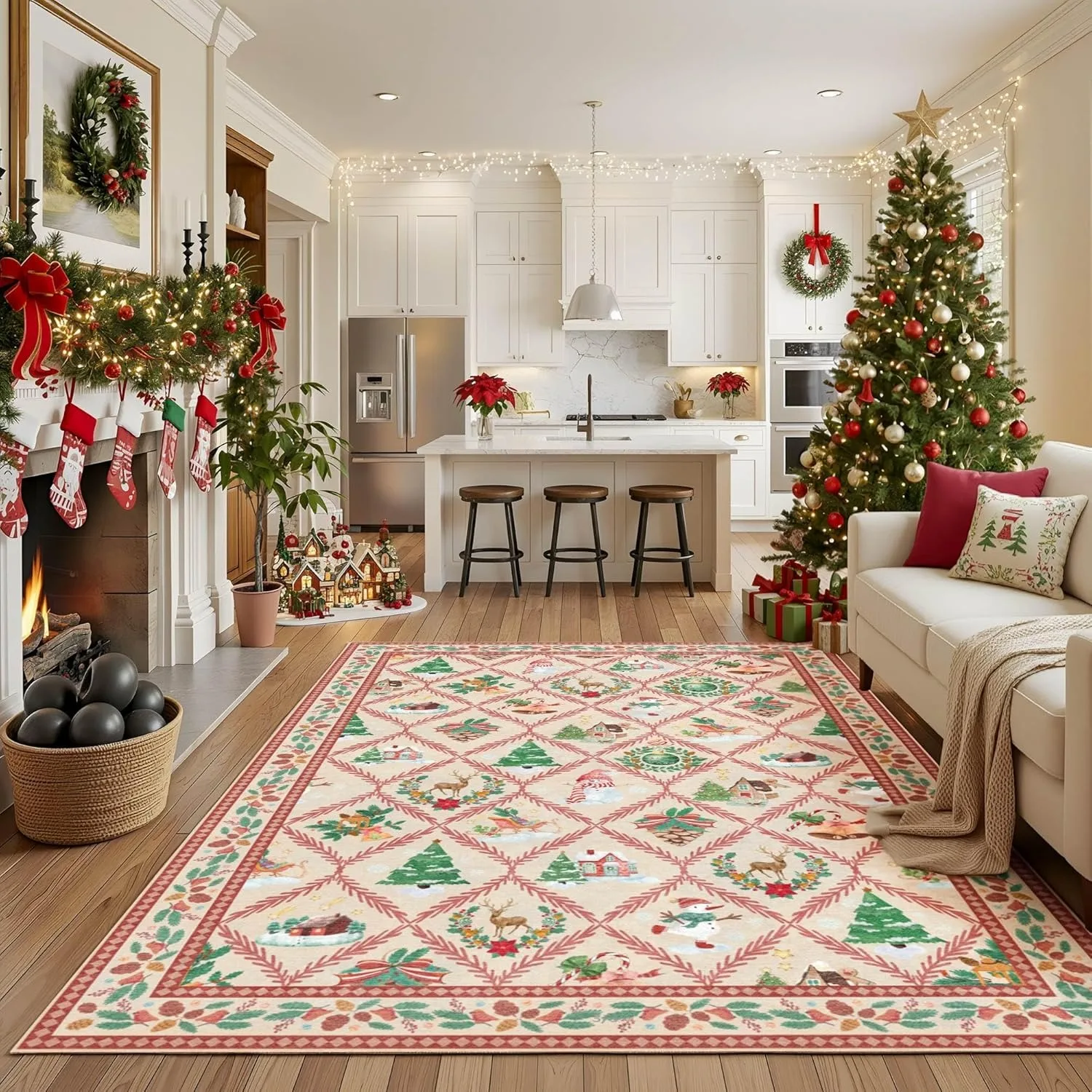 Christmas Living Room Carpet Machine Washable Non-slip Bedroom Rug Snowman Green Plant Pattern Dining Room Mat 러그 Ковер Alfombra