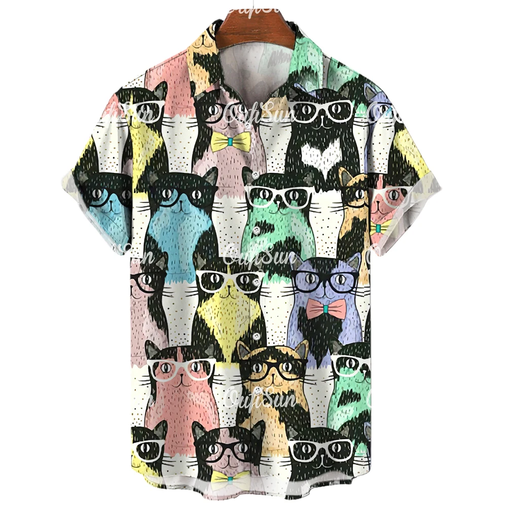 Camisa havaiana de manga curta masculina, lapela 3D, camiseta de anime, roupa de rua casual, gato animal retrô, verão, 2023