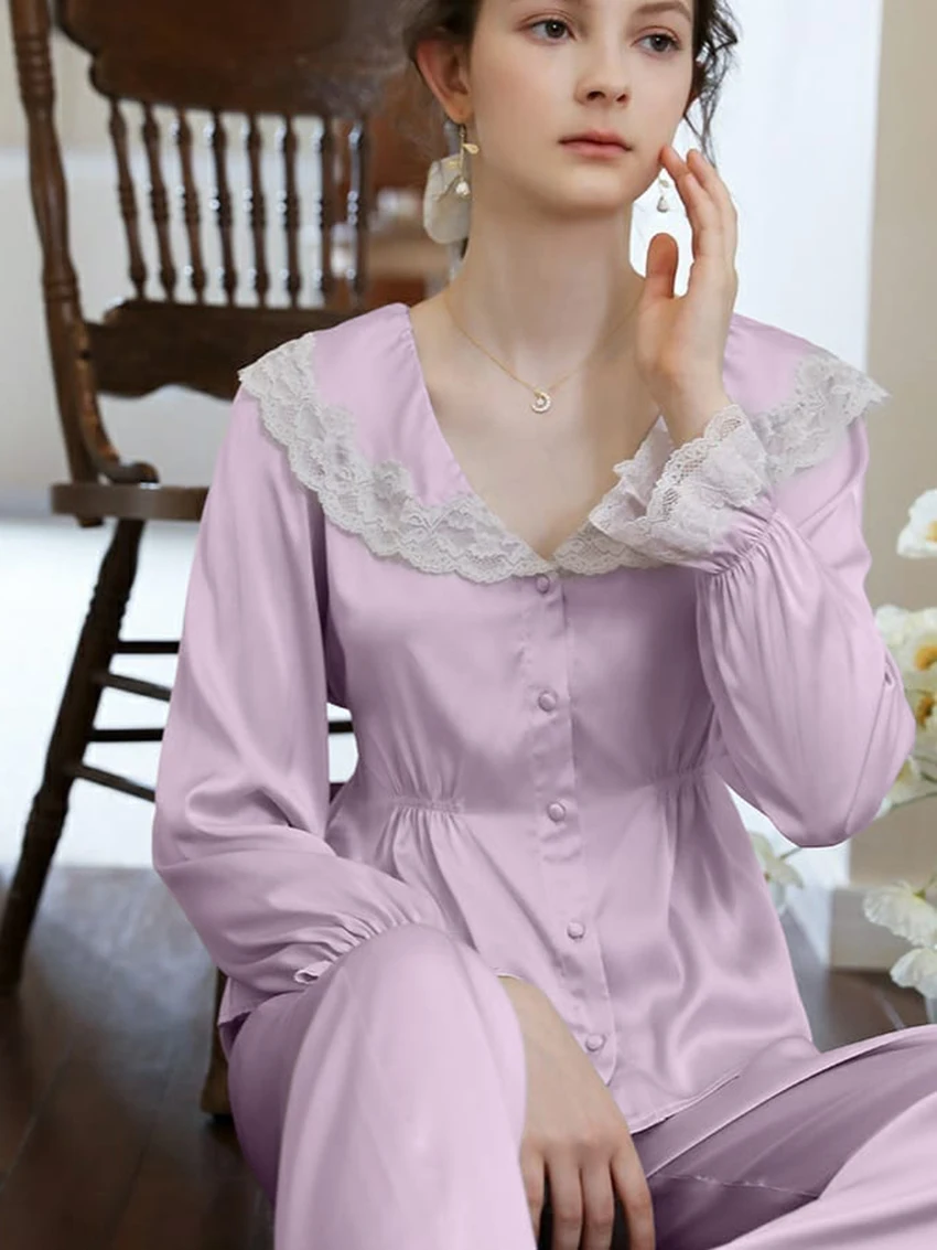 Marthaqiqiq Elegant Women'S Nightwear Suit Long Sleeve Sleepwear Sexy Turn-Down Collar Nightgowns Pants Casual Femme Nightie Set