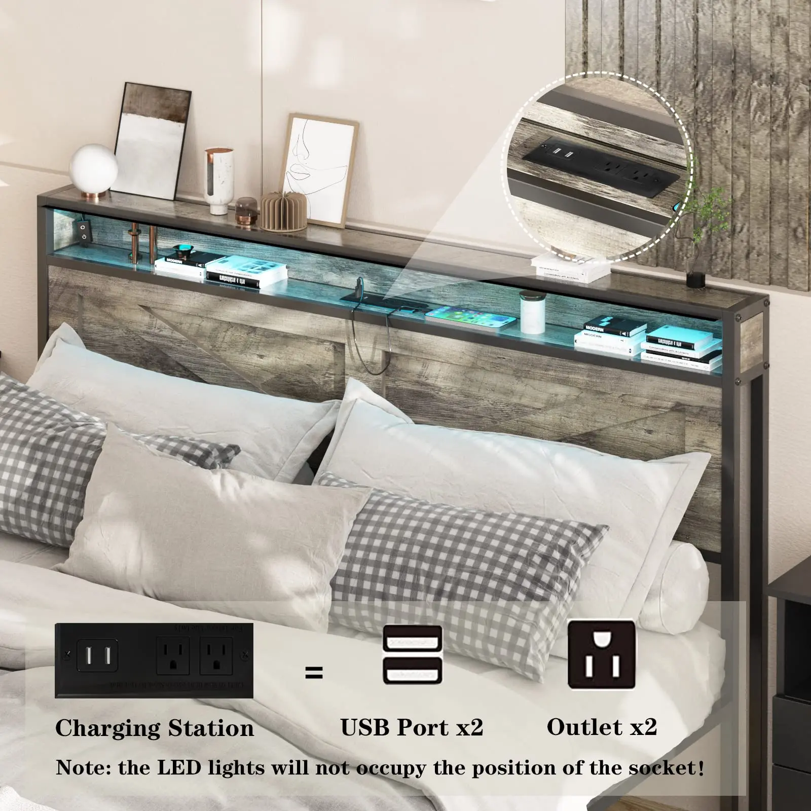 Vabches Queen Size Bed Frame with Storage Headboard Metal Platform Bed Frame with Power Outlet&LED Lights for Bedroom Noise Free 3