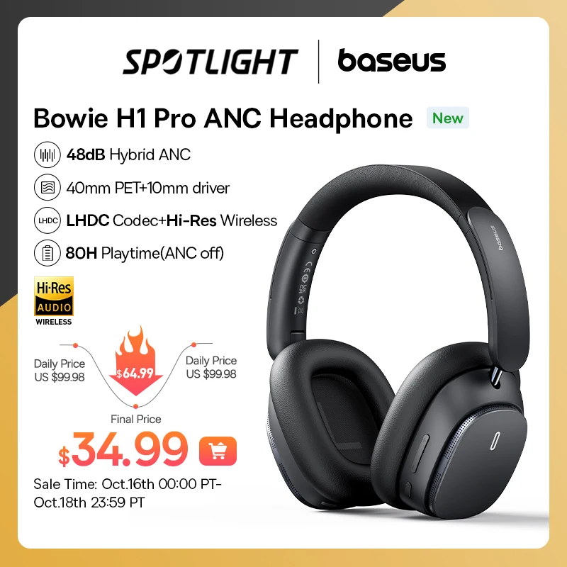  Baseus H1 pro Wireless Headphone Hybrid -48dB Active Noise Cancellation Bluetooth Headset Hi-Res Certified LHDC Code Earphone 