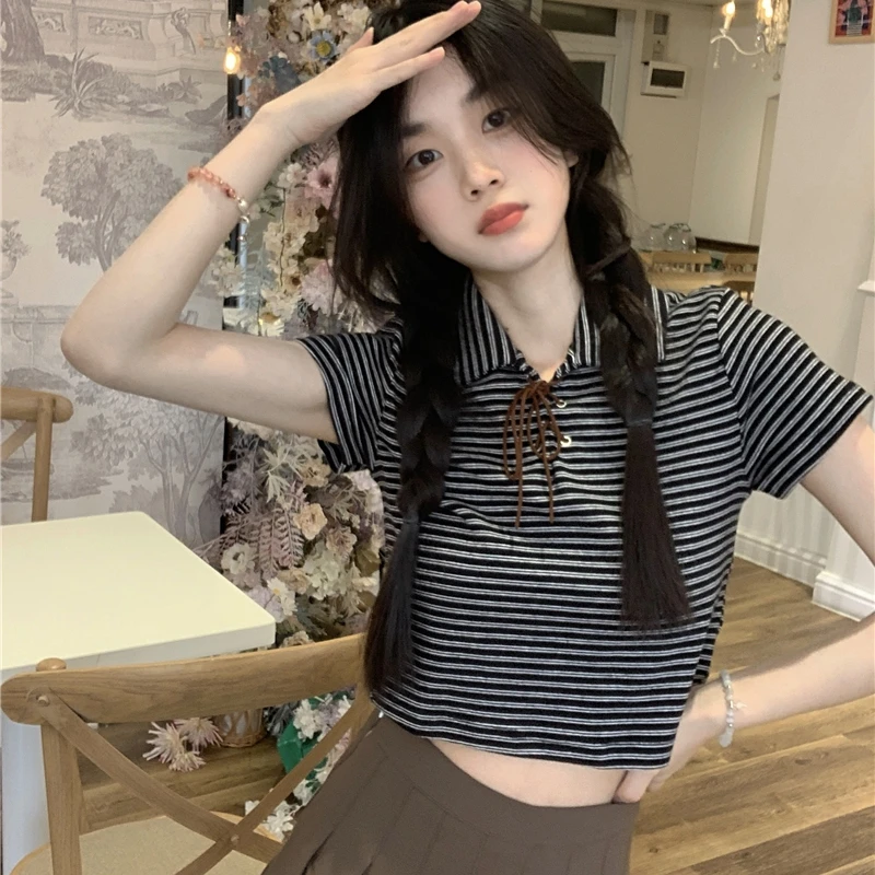 

2023 Summer T-shirt Women's Short Length Stripe Lacing Strap Lapel Show Thinness Personality Fashion Free Shipping