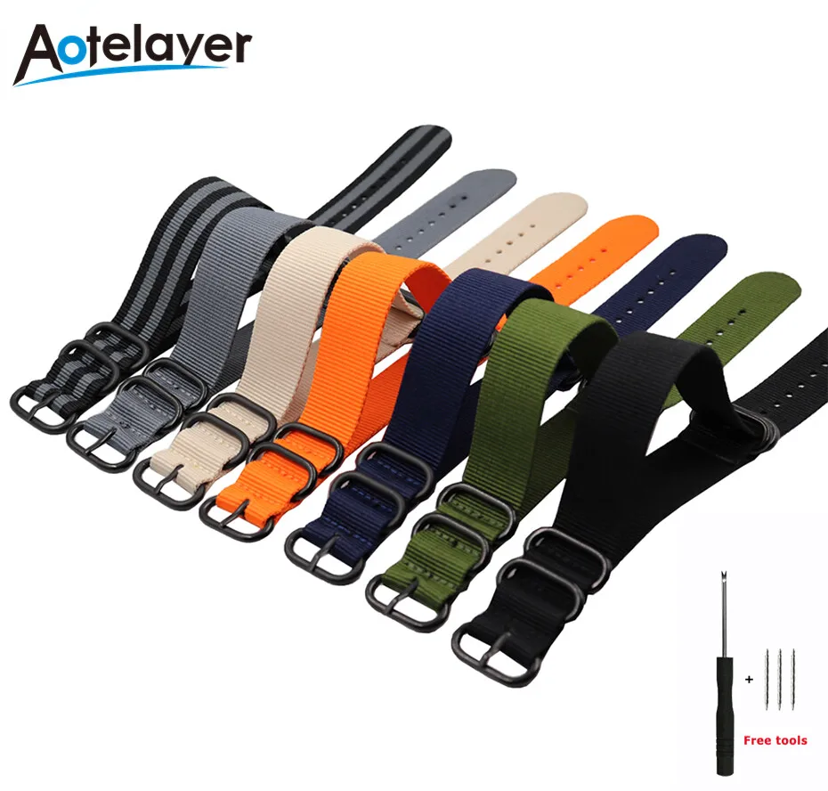 

Thickened Nylon Straps 18mm 20mm 22mm 24mm Width Canvas Watch Band With Five-ring Black Buckle Steel Bracelet Belt With Tool