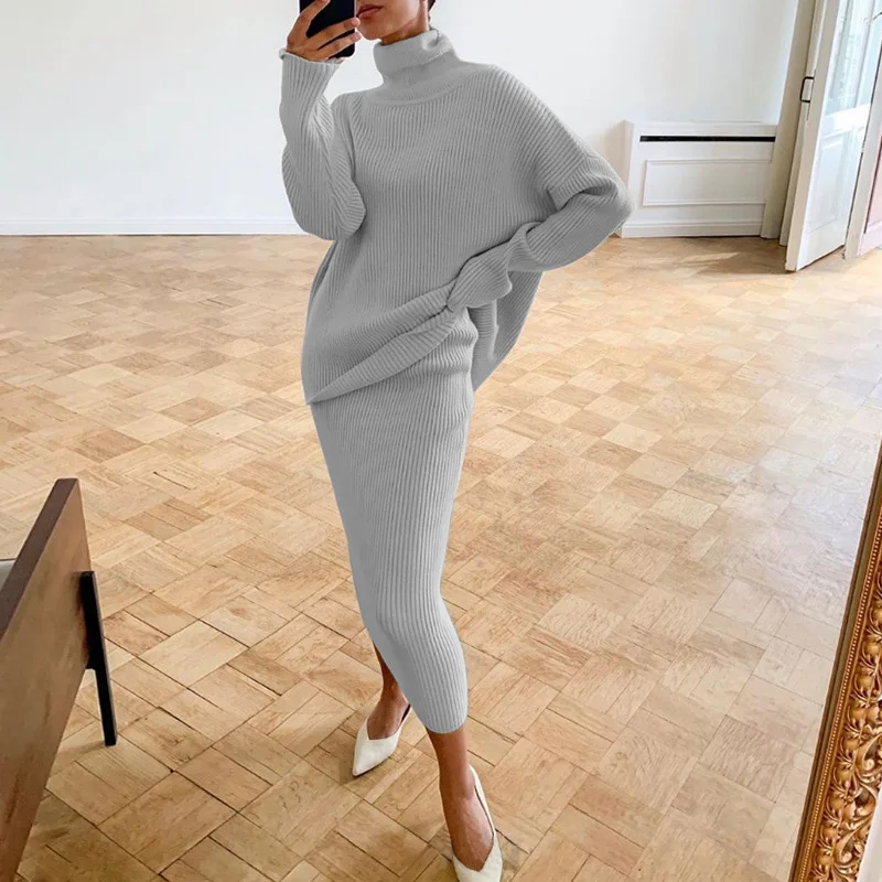 

Autumn Winter Solid Rib Knitting Outfit Women High Neck Top Sweater & Long Skirts Set Casual Warm Two Piece Office Suit Harajuku