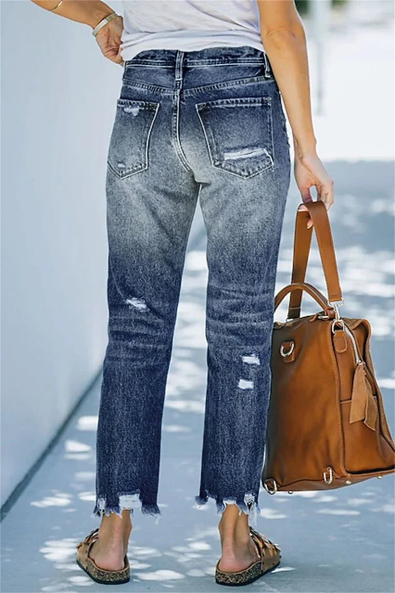 High Waist Broken Holes Straight Jeans Women Solid Color Denim Pants Female New Comfortable Casual Trousers Washable Streetwear