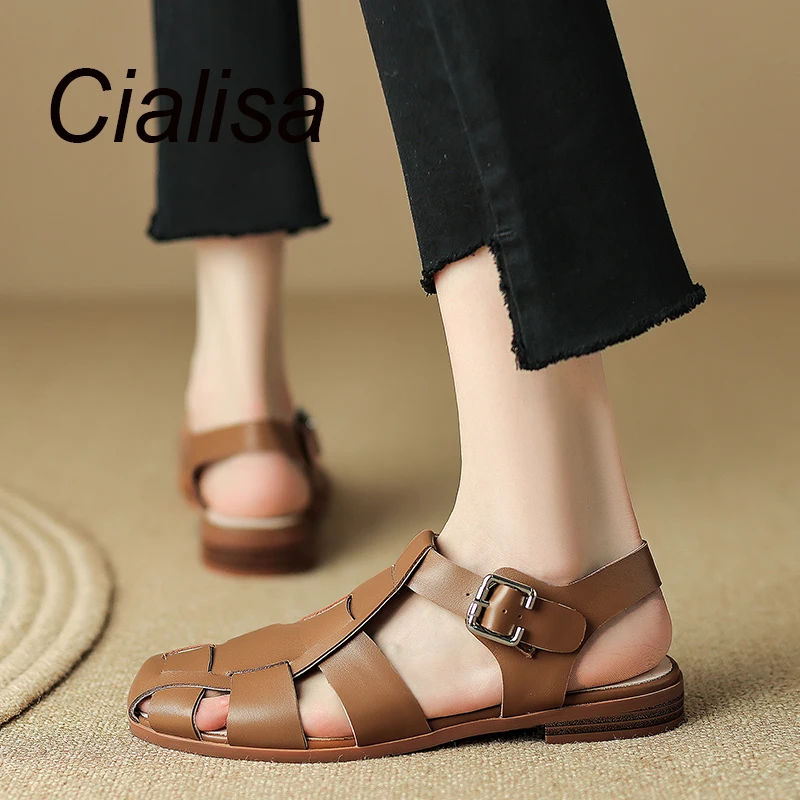 

Cialisa Concise Women Shoes Genuine Leather Sandals Round Toe Comfortable Flats Casual Buckle Strap Ladies Footwear Big Sizes 43