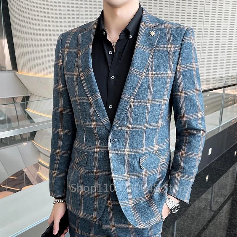 New Design Plaid 2 Pieces Suits with Notch Lapel Single Breasted Slim Fit Best Men Groom Tuxedos Wedding Business Party Suits