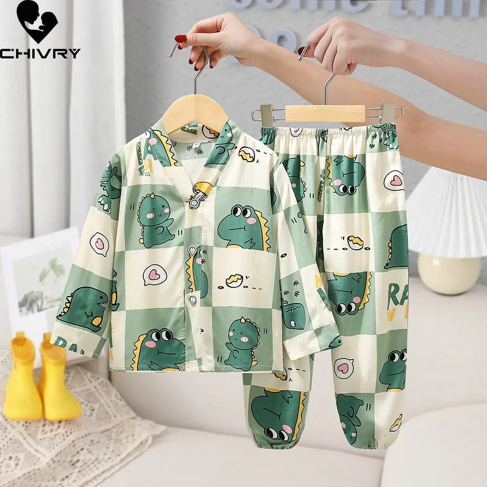 New 2023 Kids Boys Girls Pajamas Fashion Cartoon Print Long Sleeve Shirt Tops with Pants Baby Summer Casual Sleepwear Homewear