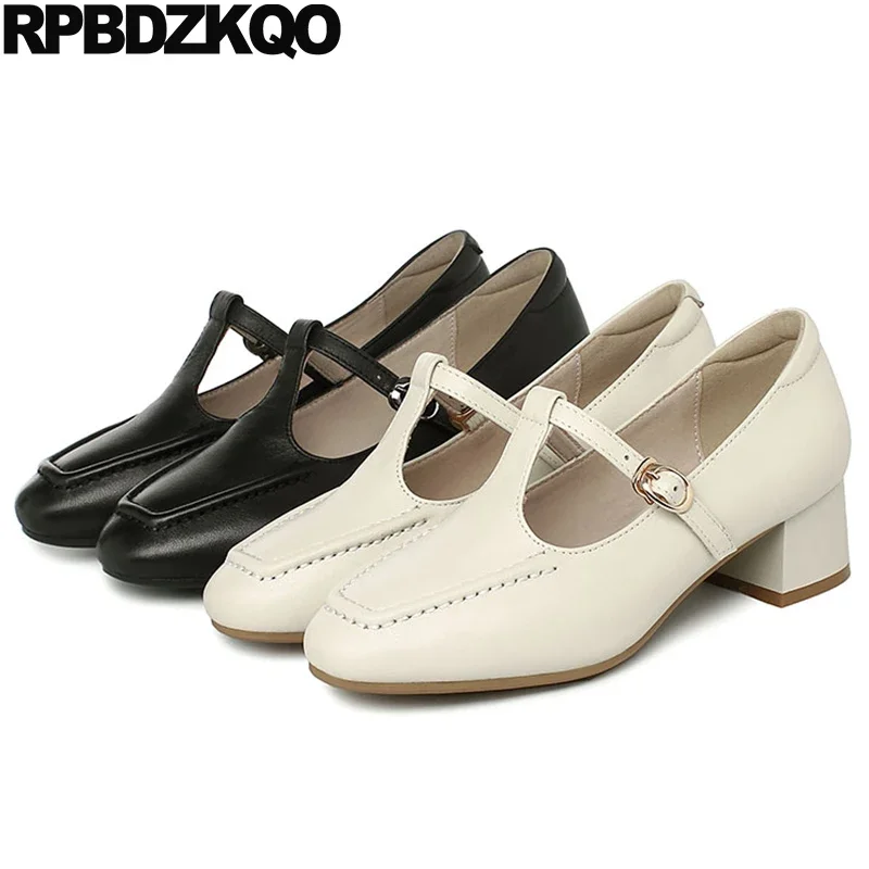 

Comfy Shoes Real Leather Block Women Retro Mori Medium Heel 34 Handmade Round Toe Cow Skin Japanese Vintage Pumps Fall T Strap