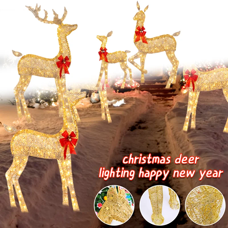 

3PCS Handmake Iron Art Elk Deer Christmas Garden Decor &LED Light Glowing Glitter Reindeer Xmas Home Outdoor Yard Ornament Decor