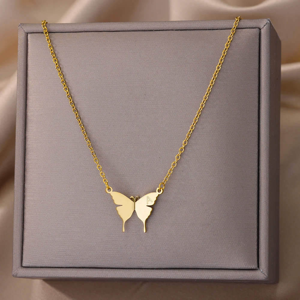 Necklace Stainless Steel Butterfly Initial Letter for Women
