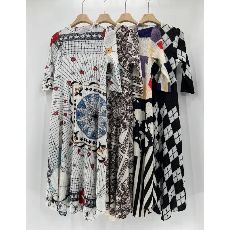 

Плиссированные платья ALSEY Miyake с круглым вырезом, женские новые модные свободные повседневные Элегантные повседневные платья со средними рукавами