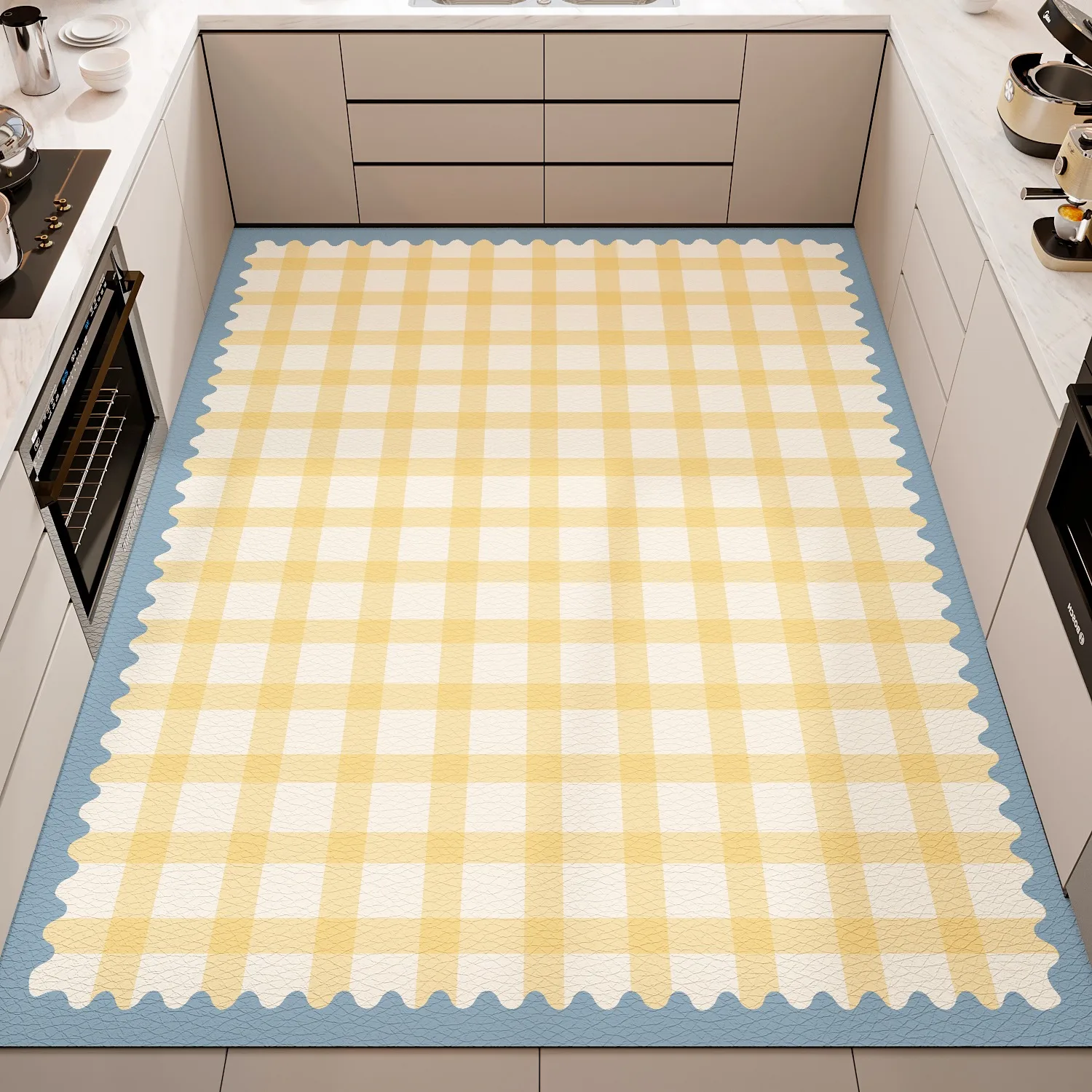 Floor Mat for Kitchen Anti-slip Oil-proof Wipeable Carpet Leather Waterproof PVC Rug Grid Lines Large Size Foot Mats Alfombra 2