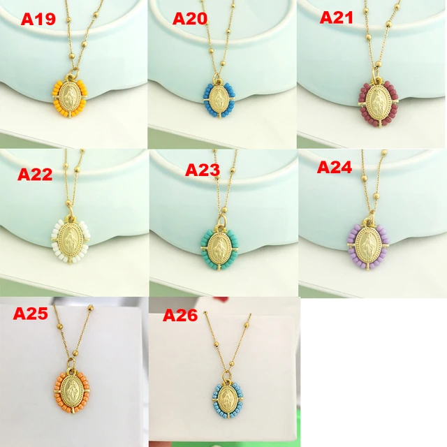 Collier ras du cou pour femme avec pendentif Vierge Marie, chaîne en acier inoxydable couleur or, perles de rocaille, style bohème blanc, noir, rose