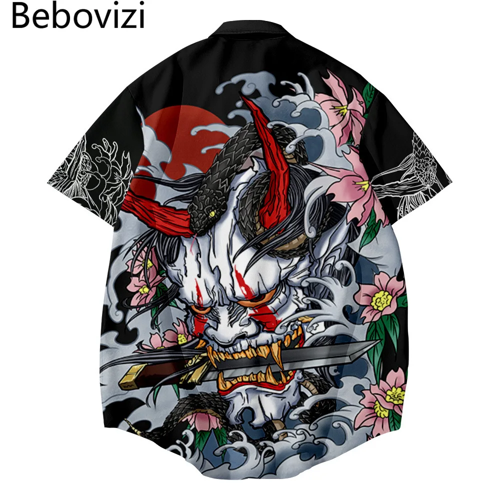 Men Hawaiian Shirt men hawaiian shirt Japanese Style Demon Print Shirt Fashion Summer Short Sleeve Harajuku Anime Men Oversized Clothing