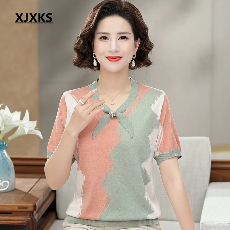 

XJXKS 2023 Summer New Temperament Short-sleeved Top High-quality Mulberry Silk Colour Blocking Loose Oversize Women's T-shirt