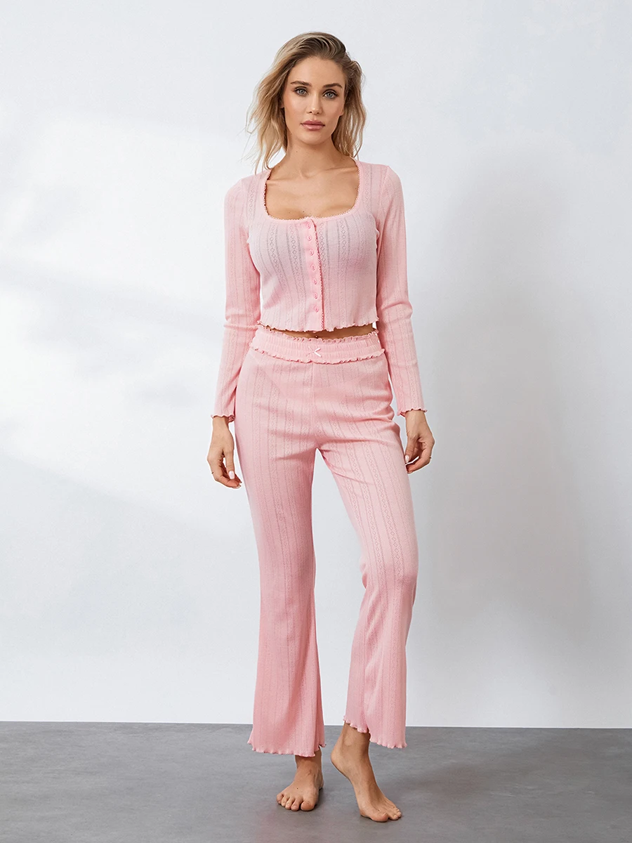 

Women Pajamas Lounge Set Solid Color Eyelet Buttons U-Neck Long Sleeve Cardigan Tops And Flare Pants 2 Piece Loungewear Outfits