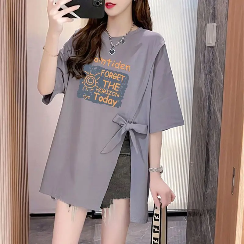 

Gidyq Summer Fashion T Shirts Women Casual Streetwear Letter Print Short Sleeve Tops Y2K Female All Match Slit Bow Tees