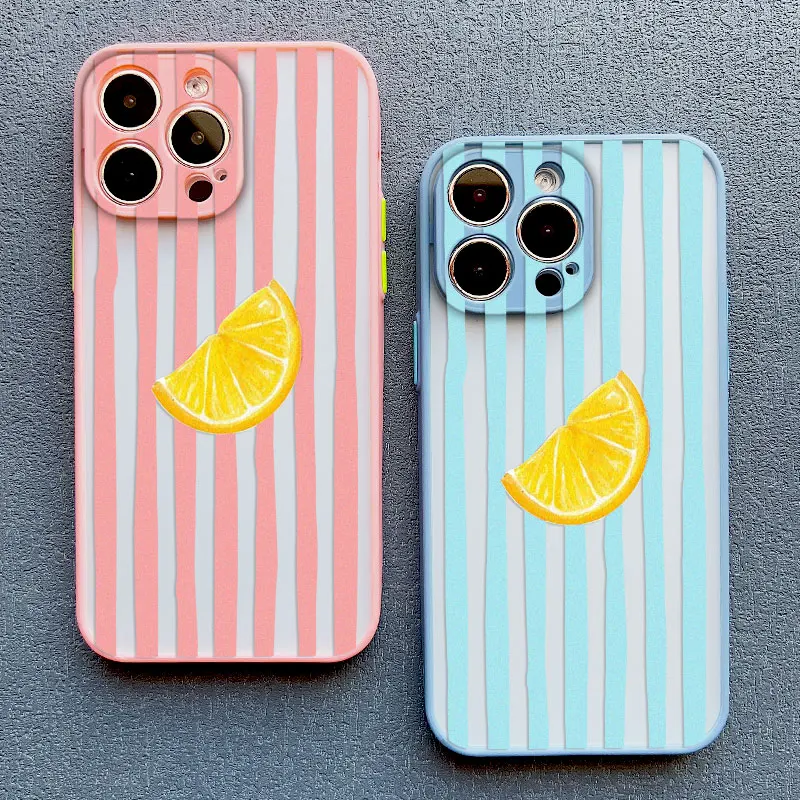 Retro Lemon Pink Blue Striped Shockproof Phone Case Cover