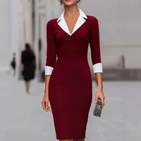 Robe mi-longue crayon à col en V et manches 3/4 contrastées pour femmes, moulante, idéale pour le bureau, les affaires, les soirées formelles et le travail. 3