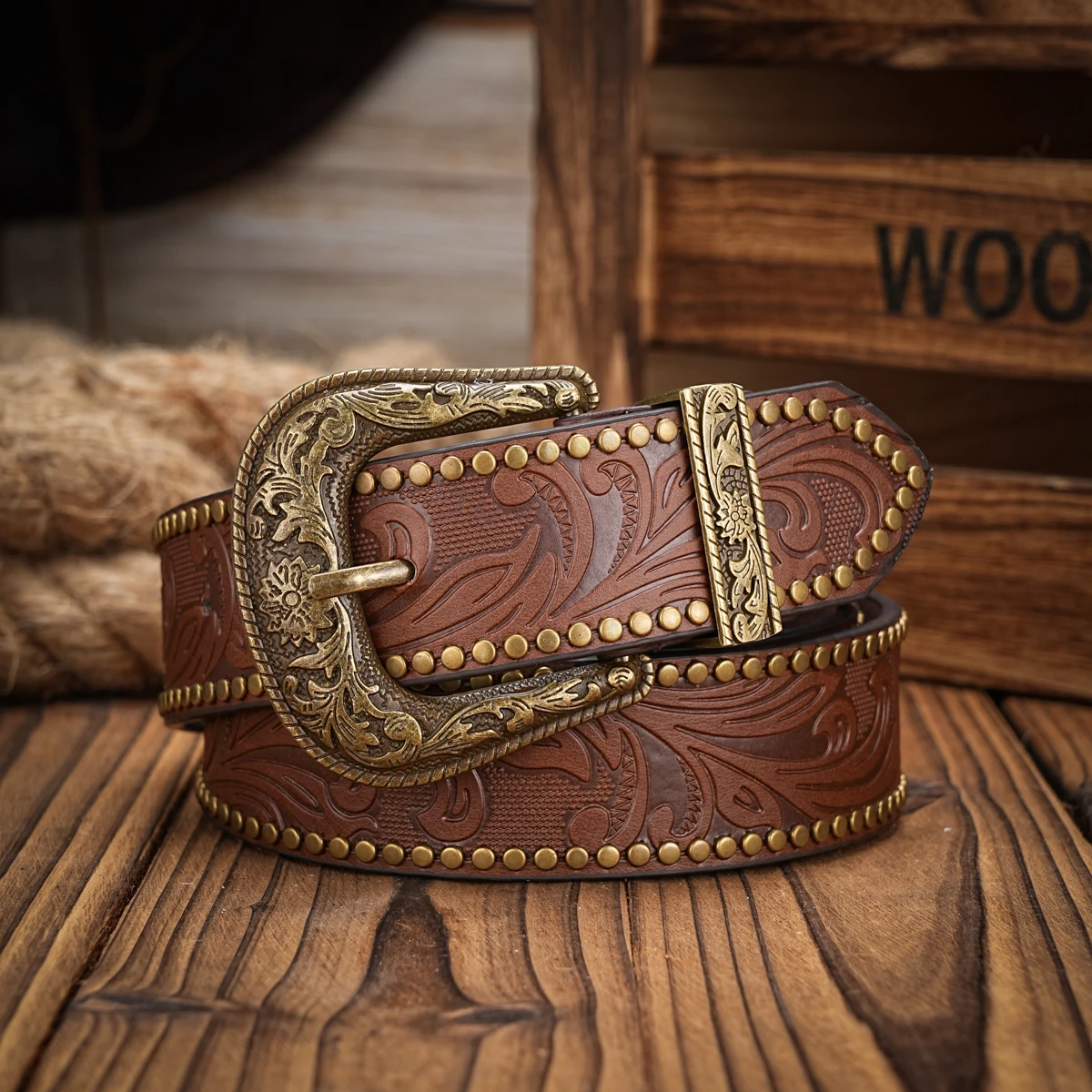 Herren & Damen Western Cowboy PU-Leder Gürtel - Vintage Pferdegürtel mit floral graviertem Schnallenverschluss für Jeans