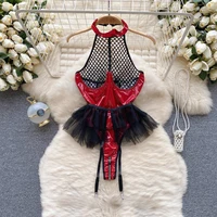 Women Sexy Halter PU Leather Patchwork Mesh Jumpsuit Bunny Girl Cosplay Uniform Lace Slim Hollow Out Bodysuit Short Skirt Pant S 1
