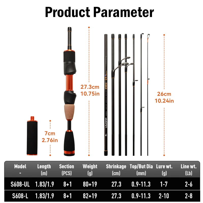 LEYDUN USOPP 8+1 Sections Fishing Rod S608UL S608L 27.3CM Travel