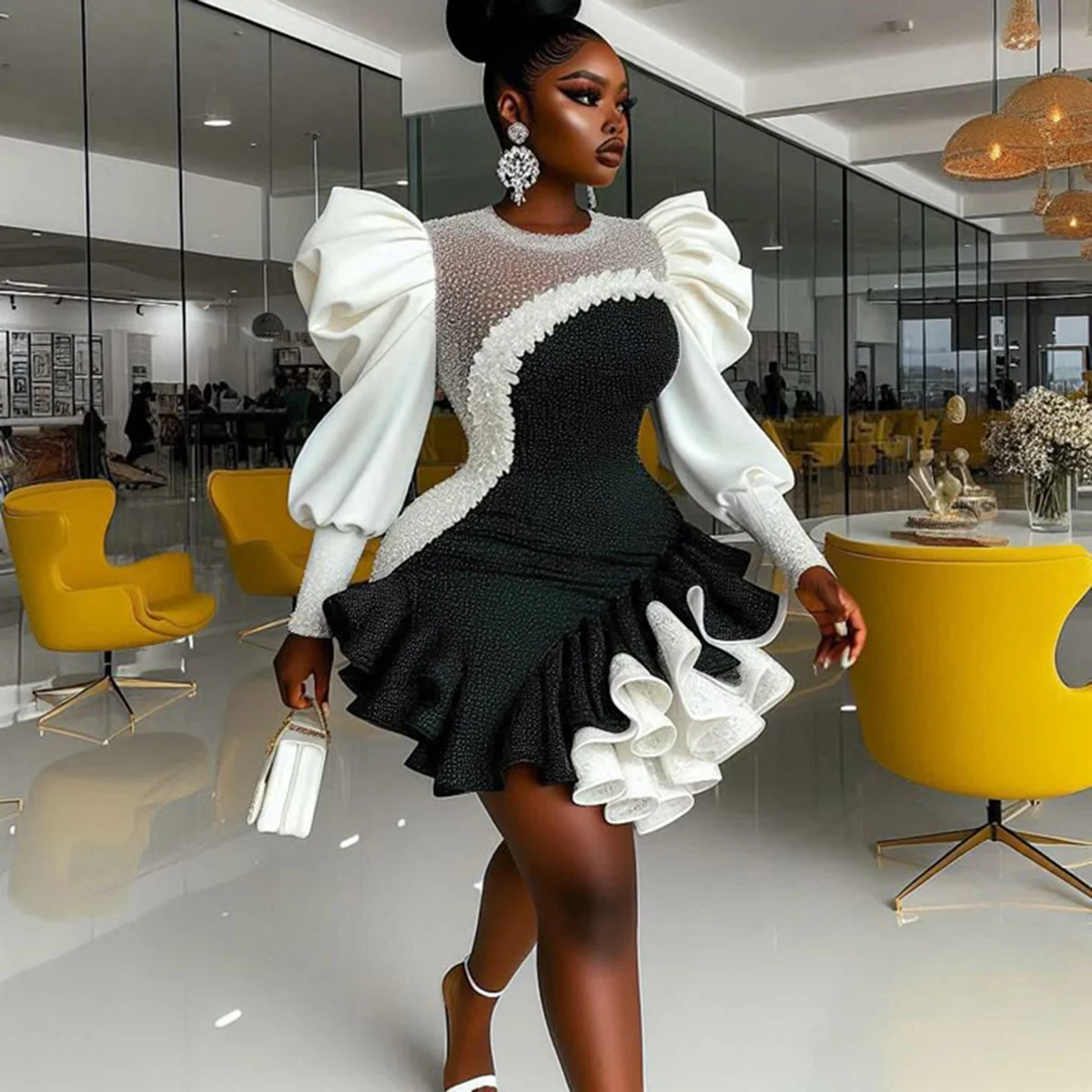 Black And White Short Prom Dresses Aso Ebi Puffy Long Sleeves Ruffles Plus Size Above Knee Evening Gowns Women Formal Wear