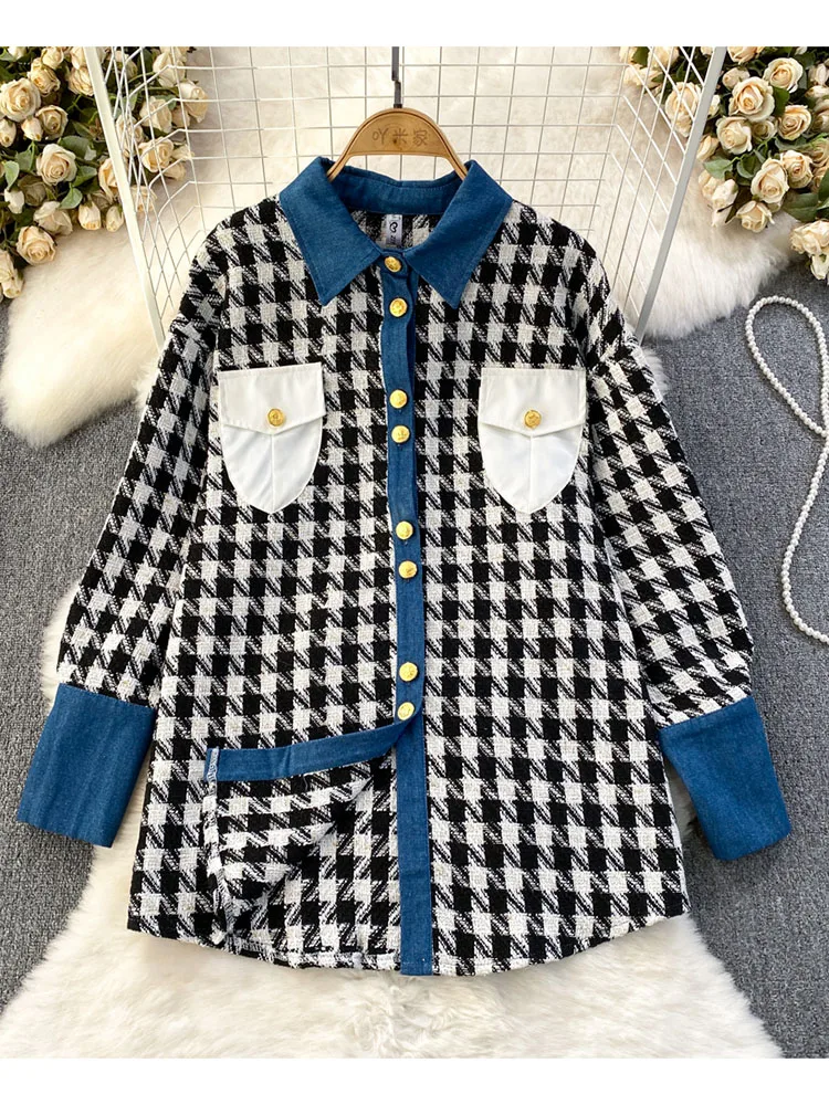 

Women Autumn Shirt Korean Version Temperament Contrast Tweed Loose Single Breasted Jacket Casual Bird Check Top D5110