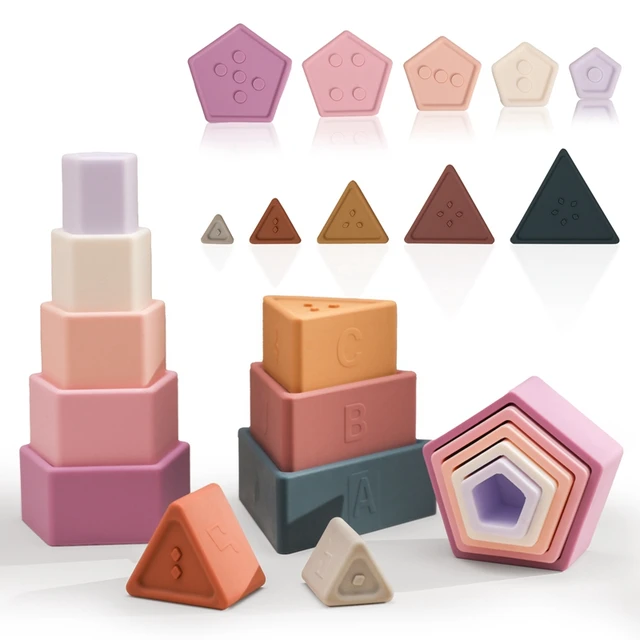 1Set Silicone Building Block Toy Silicone Teether Triangle Geometric Square Soft Block Folding Educational Game Toys 1