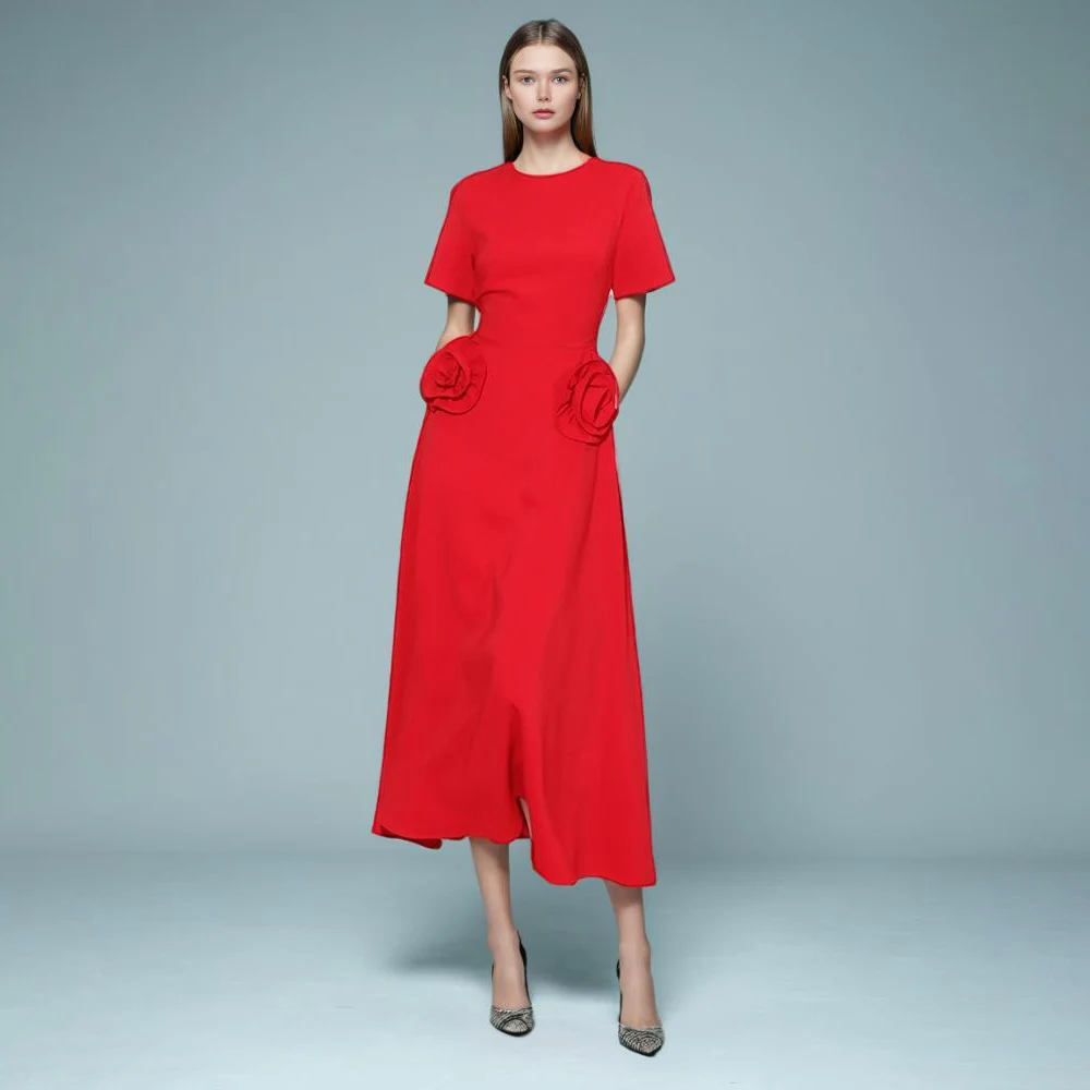 Solid Slimming Spliced Bowknot Elegant Dresses for Women Round Neck Short Sleeves Patchwork Bead Dress Female New