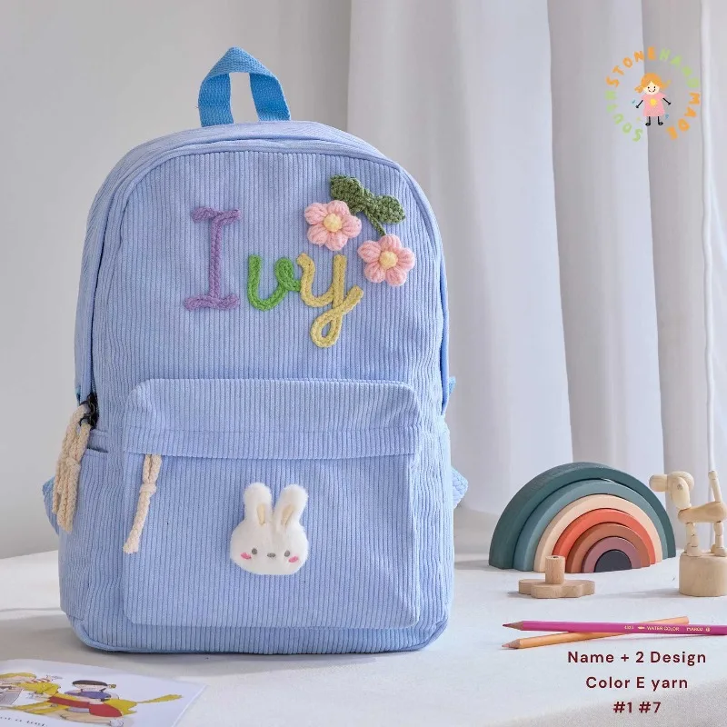 1pcs Personalized Backpack Large Capacity Corduroy Schoolbag Hand-Made Unique Name Custom Multicolor Rope Yarn Color Decoration 5