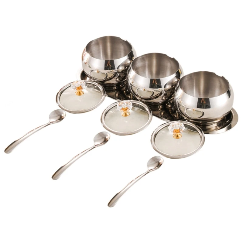 304 Stainless Steel 3 Compartments Spices Jar Set with Serving Spoons and Tray