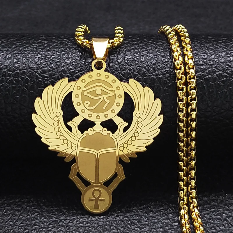Egyptian Scarab Eye of Ra Horus Symbol Necklaces Stainless Steel Gold Color Ankh Key Of Life Necklace Jewelry collares N2336S01
