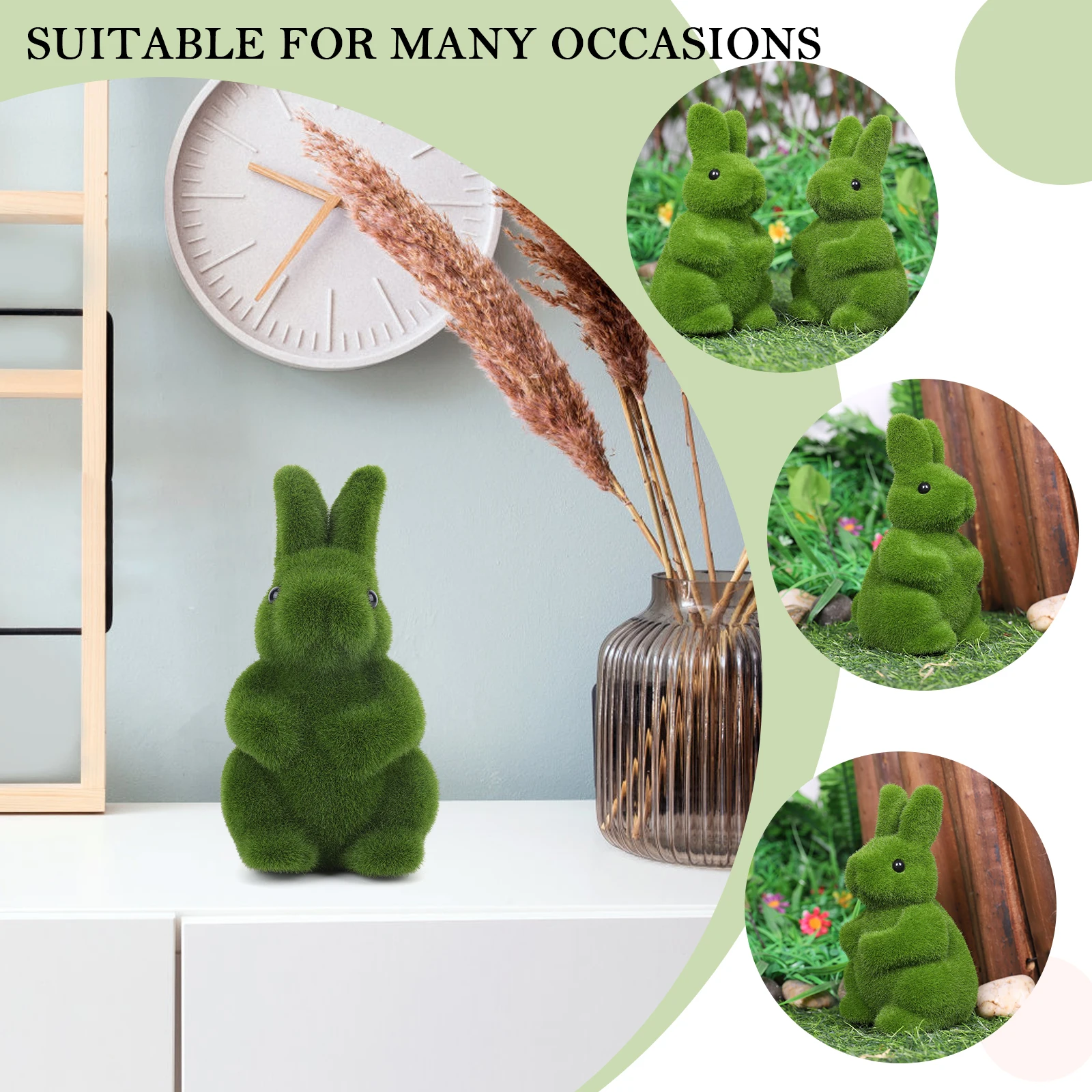 2Pcs Flocking Bunny Statue Flocked Animal Statue Decorative Fake Green Moss Rabbit Decoration Cute for Patio Garden Yard