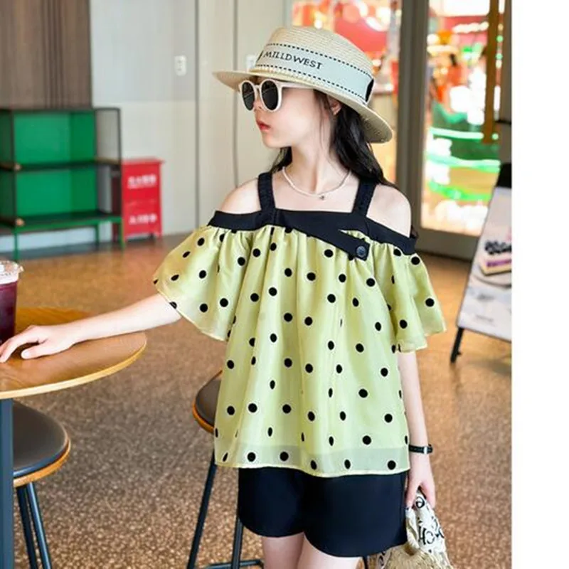 

Girls Suits Summer Polka Dot Off Shoulder Top+Short Pants 2Pcs Sets Children Clothes Kids Outfits Baby Girl Clothing Set 5-14Yrs